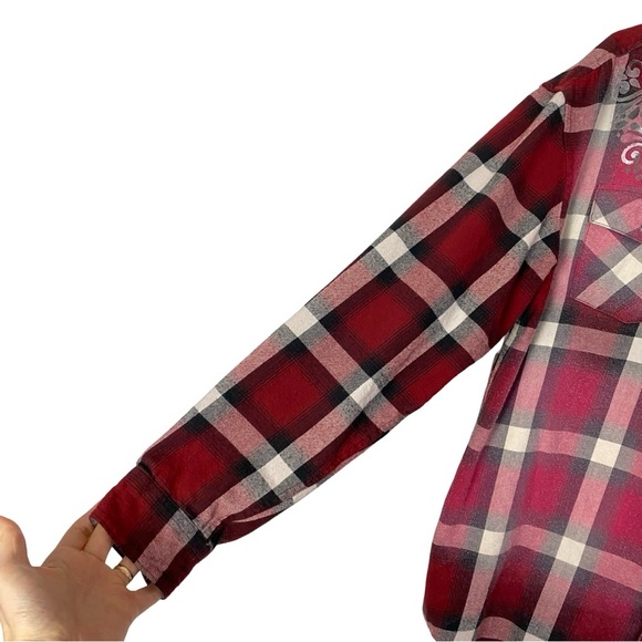 Britney Spears Flannel Shirt Unisex Large Red Plaid Button Down Handmade Upcycle - Picture 6 of 13